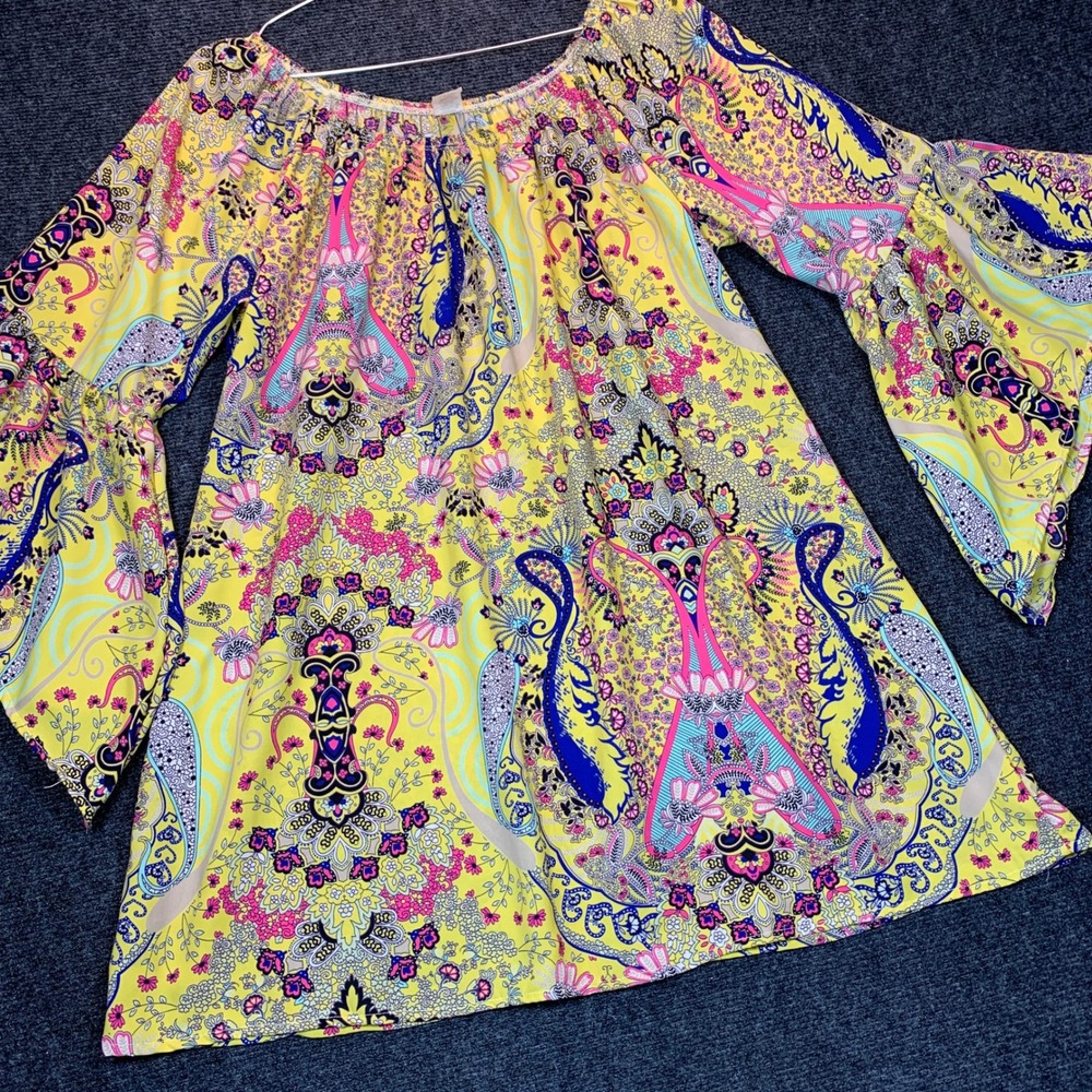 Paisley Tunic Psychedelic 70s Top XL Yellow Bell Sleeve Retro Festival Gypsy Art